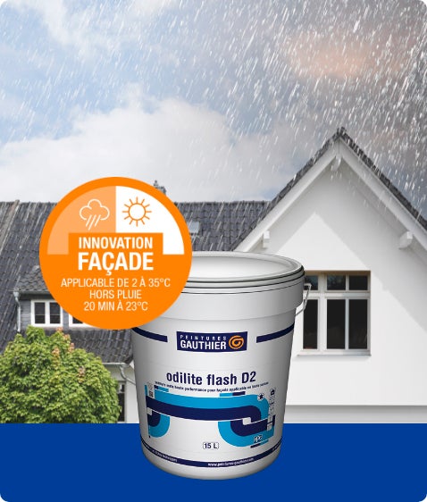 Pictogramme innovation peinture façade - Pot de peinture Odilite Flash D2 - Peinture Gauthier façade mate haute performance